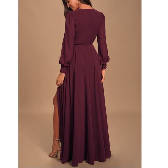Lulus NWT My Whole Heart Plum Long Sleeve Balloon Sleeves Wrap Maxi Dress XL - Picture 6 of 11